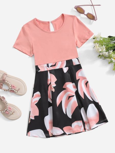 

toddler girls floral print keyhole back fold pleated dress she, Red;yellow