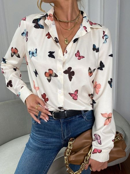 

butterfly print button front blouse c7ys#, White