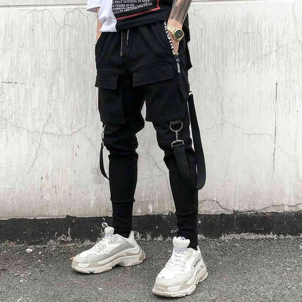 

men's pants side pockets pencil hip hop patchwork cargo ripped sweatpants joggers trousers male fashion full length xk11 0y54, Black