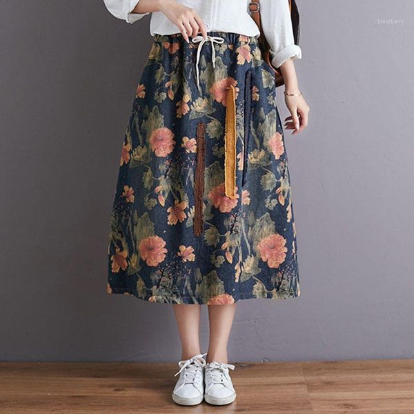 

fairynatural autumn spring vintage printing pockets elastic waist denim skirts simple comfortable women blue jeans floral skirt1, Black