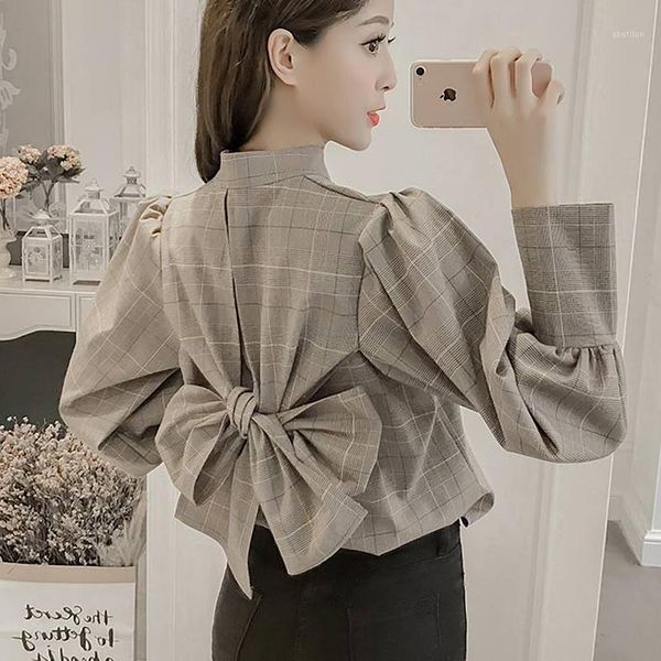 

women's blouses & shirts korean vintage plaid blouse women puff sleeve back bow spring autumn plus size kawaii blusas mujer1, White