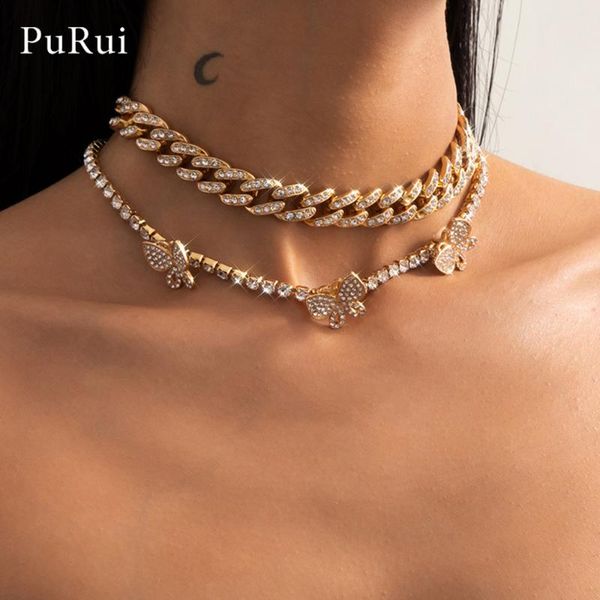

chokers purui crystal iced out butterfly choker necklaces for women gold silver color tennis punk cuban chain necklace jewelry, Golden;silver
