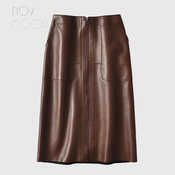 

novmoop italy vintage style women spring dark brown a-line sheepskin genuine leather skirt with zipper pocket decor lt3042, Black