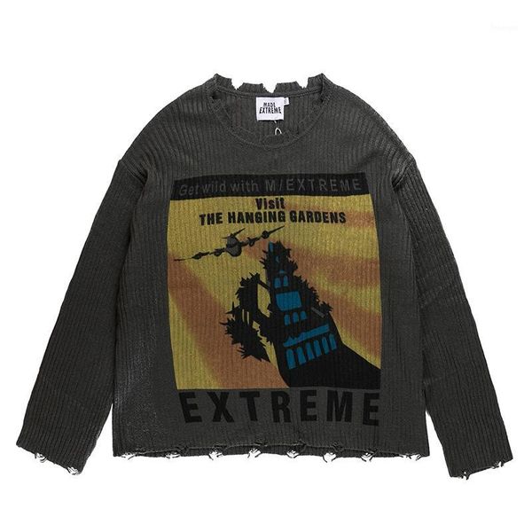 

hip hop frayed neck hem retro pattern sweaters lover autumn harajuku casual oversize swag men sweaters japanese streetwear1, White;black