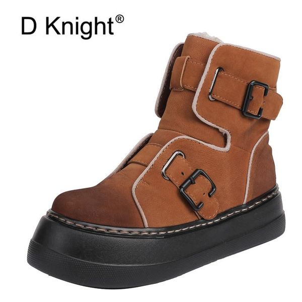 

warm wool women's ankle boots buckle design casual velvet flat platform shoes winter new genuine leather thick-soled snow boots, Black