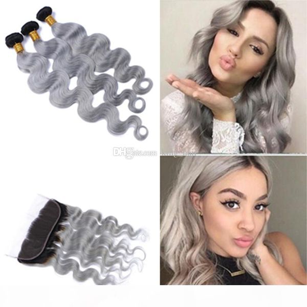 

brazilian ombre color 1b grey human hair bundles with lace frontal 13x4 body wave virgin hair weaves with ear to ear lace frontal, Black;brown