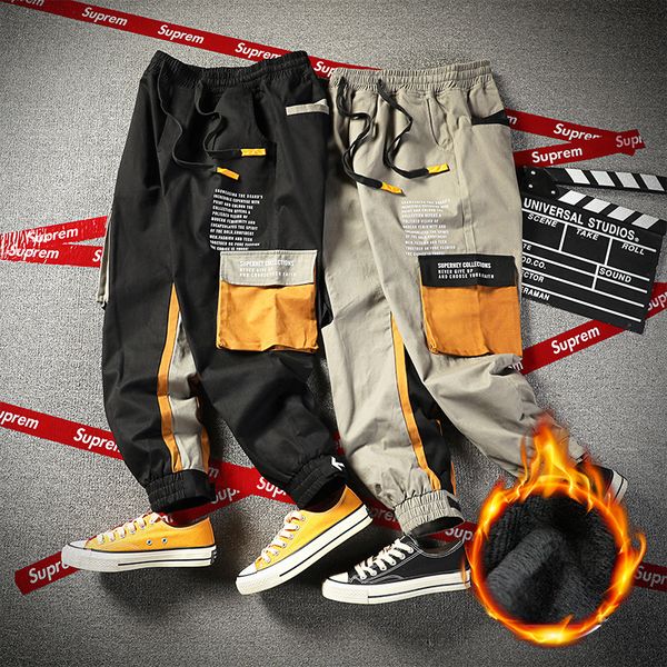 

winter new men's casual pants trend cargo pants all-match plus velvet thicken multi-pocket warmly small feet overalls, Black