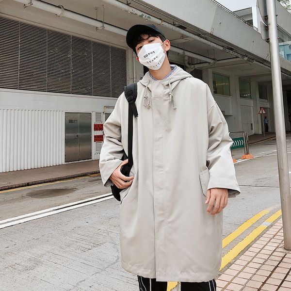 

autumn and winter fashion jacket hooded windbreaker men's new medium length loose youth coat, Tan;black