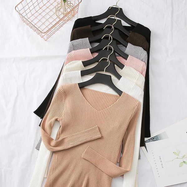 

2021 fall winter women v neck solid basic sweater pullover female knitted pullover sweaters woman korean slim long sleeve, White;black