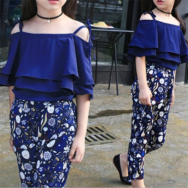 

teenager girl clothes summer kids fashion + floral pants two piece set children suit girls outfits 7 8 9 10 11 12 years t200707, White