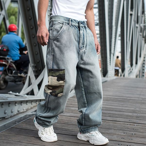 Hip hop calças de brim de perna larga de grandes dimensões dos homens soltos calças jeans de skate baggy camuflagem bolsos calças plus size 46 masculino clthing bottoms