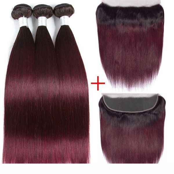 

ombre bundles with frontal closure t1b 99j brazilian hair weave 3 bundles with frontal 13x4 ear to ear lace frontal closure 4pcs lot, Black;brown