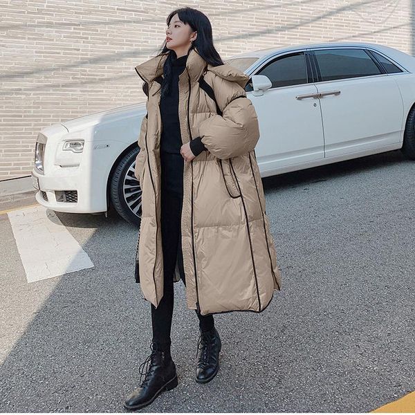 

winter 2020 female jacket 95% white duck glossy contrast hooded long parkas thick warm loose casual oversized women jacket m24, Black