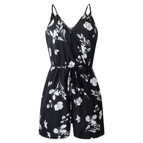 

2020new summer women sleeveless v-neck backless wide leg overalls pants strappy jumpsuit bohemian print strap korean rompers, Black;white