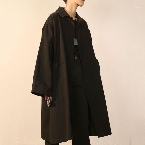 

trench coat jacket long men 2021 new fashion korea japan students youth casual loose coats male spring autumn outwear overcoat1, Tan;black