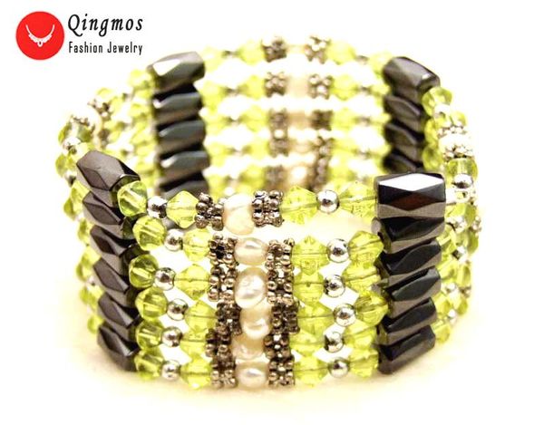 

qingmos 4-5mm natural white baroque pearl bracelet for women with green crystal & black hematite long necklace bracelet 36'' 364