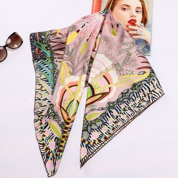

high style floral print square 100% silk twill scarf wraps women head scarves hijab shawl foulard 88*88cm y201024, Blue;gray