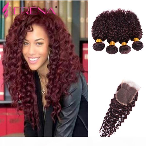 

99j brazilian hair with closure tissage bresilienne avec closure couleur 1 day delivery 99j bundles wine red burgundy weft weaves 4x4 lace, Black;brown