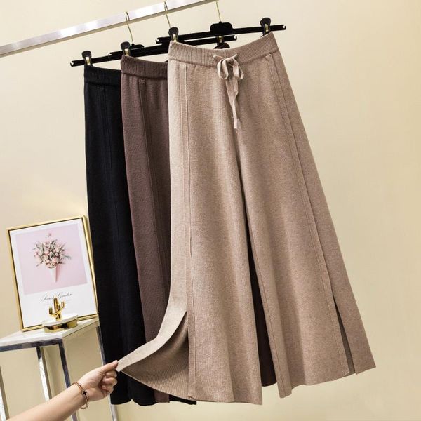 

women 2020 loose pure casual soft pants autumn winter knit cashmere sweater wide leg pants elastic waist bow tie split trousers, Black;white