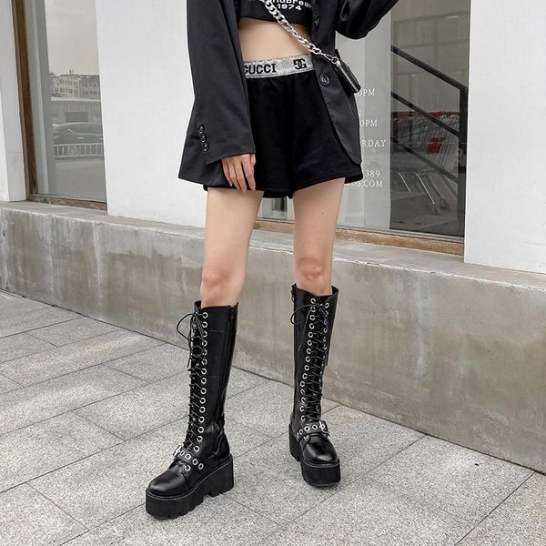 

black high boots platform high heels boots women lace up long punk knee female women shoes femmes bottes