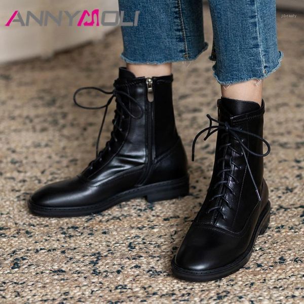 

annymoli natural genuine leather ankle boots woman lace up flat platform shoes zip ladies short boots autumn winter black 33-401