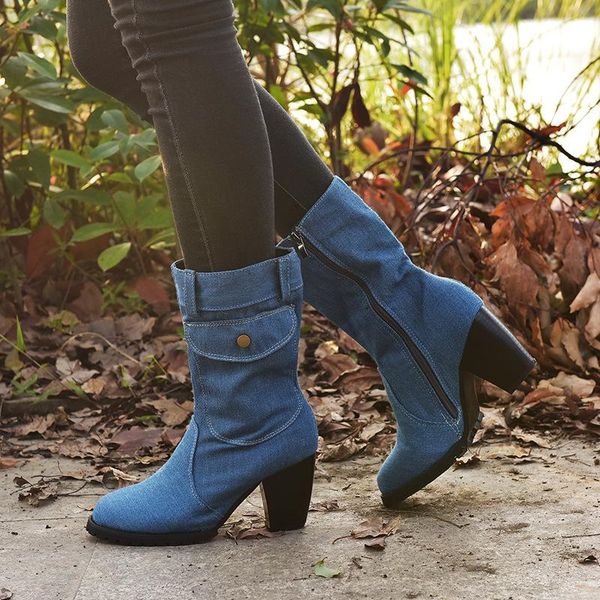 

jean boots women's mid calf boot zipper high heel woman stylish jeans boots ladies denim boot female shoes cowboy 2020 new, Black