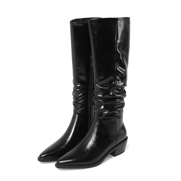 

2020 band design genuine leather women knee high boots pleated pointed toe thick high heels boots working shoes woman, Black