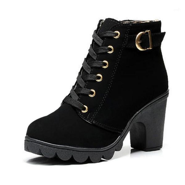 

boots autumn winter women thick high heels ankle lace-up bota feminina platform shoes woman xkd20401, Black