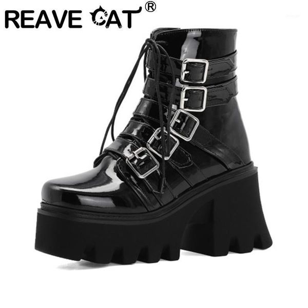 

boots reave cat 2021 women ankle boot round toe 9cm block heel platform patent leather lace-up buckle zip stylish big size a33981, Black