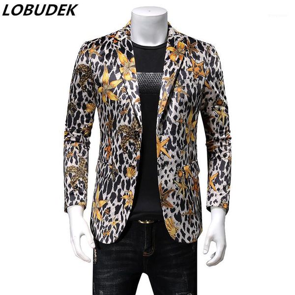 

men leopard blazer fashion slim fit patter printing blazers host singer stage performance casual coat spring autumn suit jackets1, White;black