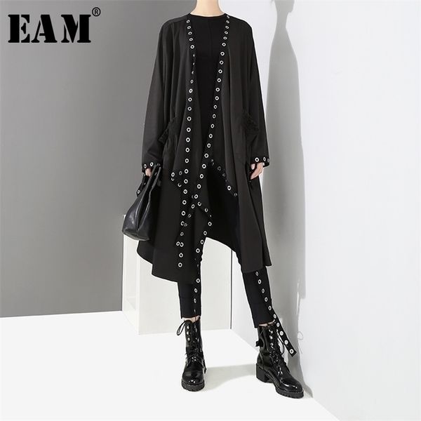 

[eam] loose fit black hollow out ribbon pleated big size jacket new v-collar long sleeve women coat fashion spring 1d756 201112, Black;brown