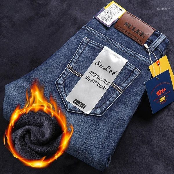 

men's jeans 2021 sulee brand warm fleece mens winter velvet jean trousers flocking soft men pants1, Blue