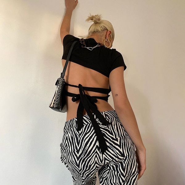 

women fashion backless crop summer casual tied waist bandage black hollow out short sleeve tee shirts 2021 new, White