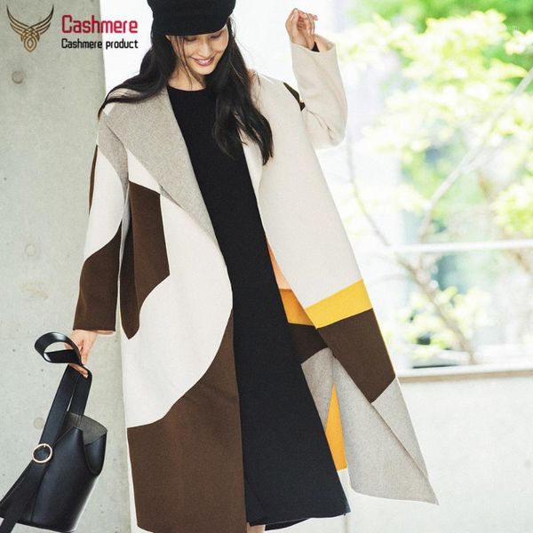 

limited designe style stitching contrast color long double-sided wool coat woolen women color matching street hipster loose coat1, Black
