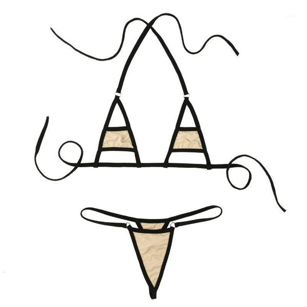

women halter neck three point bikini strap t-back lingerie set micro g-string and bra triangle hollow cup1, Red;black
