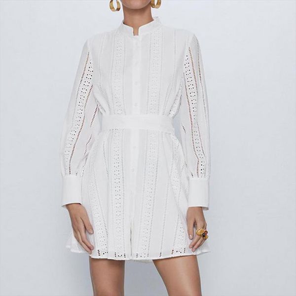

2020 spring autumn hollow out mini shirt dress women long sleeve belt white elegant a line party dresses ladies vestidos, Black;gray