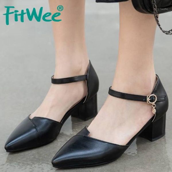 

sandals fitwee pointed toe spring summer women shoes thick high heels buckle cover heel work footwear size 30-431, Black