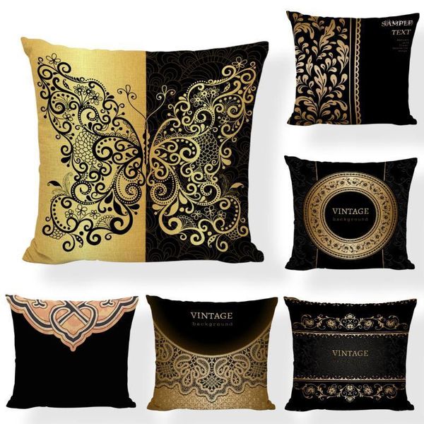 

retro geometric cushion cover 17*17 inch stitching golden pattern black background butterfly rock chair garden decor pillow case1