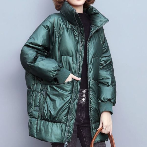 

fnoce 2021 new women's down jackets bright leather fashion trends casual solid long sleeve stand collar slim cotton parkas coats, Black