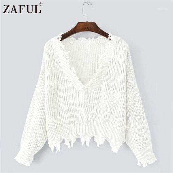 

zaful autumn women sweaters  ripped v neck loose sweater ladies autumn winter bottom black tassel pullovers sweaters1, White;black