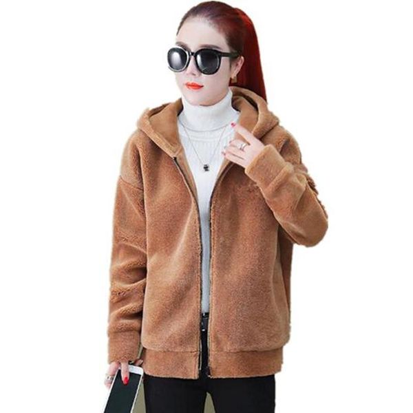 

2021 winter new plush short coat women's large size loose open stitch zipper surcoat female jacket winter warm hooded coat, Black;brown