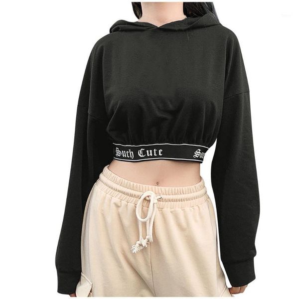 

feitong hoodies sweatershirt women solid hooded shirt cropped long sleeve sweatershirt shirts streetwear1, Black