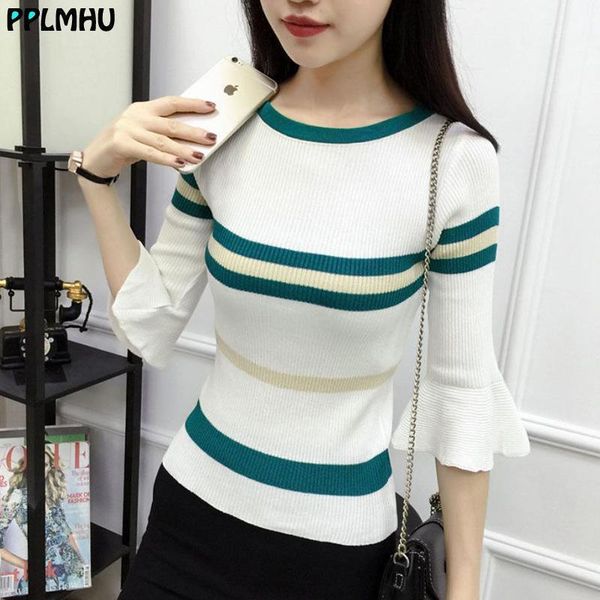 

o-neck striped skinny knitwear women contrast color slim short flare sleeve ruffled knitted pullover new elastic  1, White;black