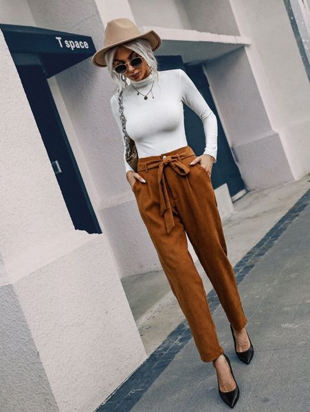 

slant pocket belted solid pants t1xy#, Black;white