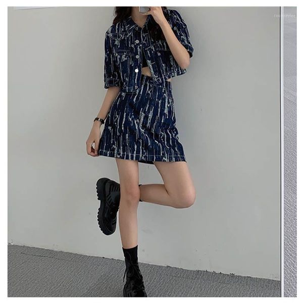 

temperament suit female fashion two-piece summer slim short denim tie-dye bag hip skirt 2020 new outfitter bag clothing1, Black