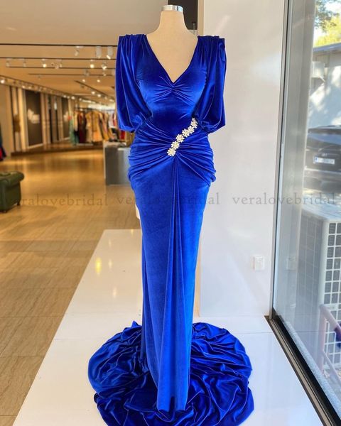 Royal Blue Velvet Формальные вечерние платья 2021 ASO Ebi Prom Promess Prade Applique Robe de Soirée de Mariage