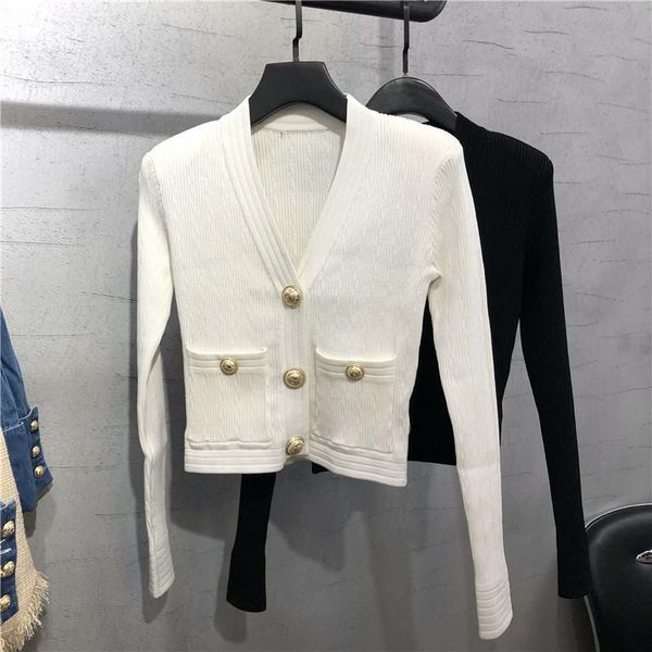 

brand fashion women high luxury autumn new gold uckle solid color ice silk slim stretch knitted cardigan v-neck sweater, White
