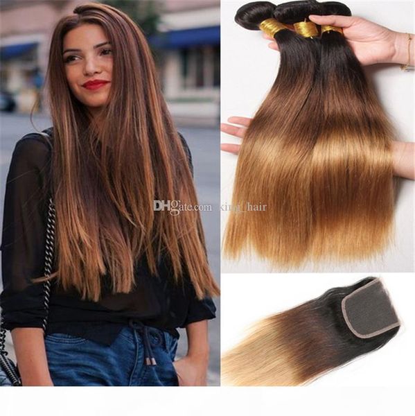

8a ombre straight hair extensions #1b 4 27 honey blonde ombre human hair 3pcs with lace closure three tone body wave hair weave, Black