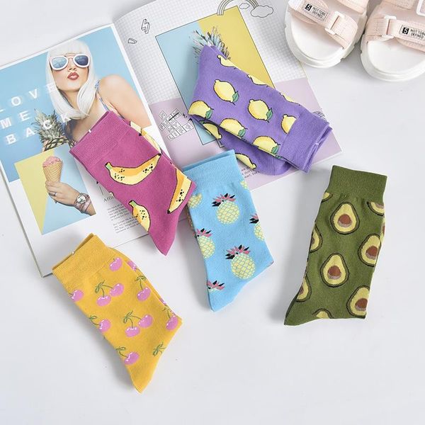 

women socks funny cute cartoon fruits banana lemon pineapple avocado happy japanese harajuku skateboard socks1, Black;white