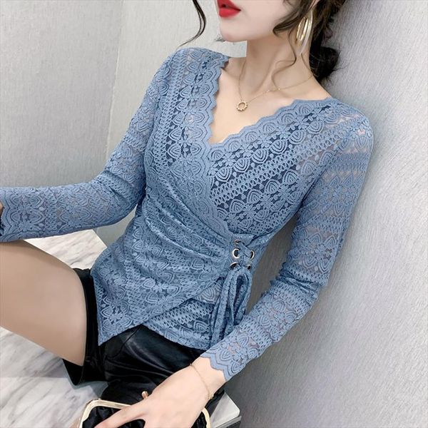 

2021 autumn women lace long sleeve v neck bow tie crochet white shirt fashion hollow out blouse blusa